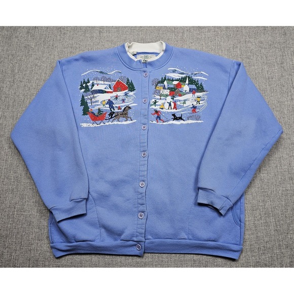 Orvis Tops - VINTAGE Orvis Sweatshirt Womens Large Blue Button Sweater USA Winter Scene